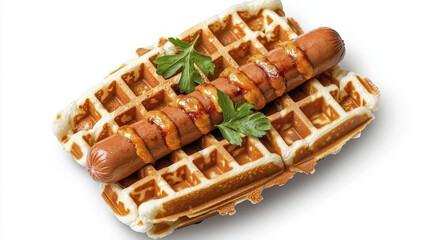 Delicious combination of waffle and sausage, featuring grilled sausage placed top of golden brown waffle, garnished with fresh