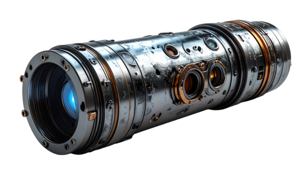 Futuristic metallic tube with complex internal components