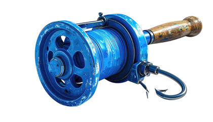 Detailed 3D rendering of a vintage blue fishing reel