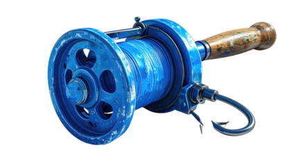 Detailed 3D rendering of a vintage blue fishing reel