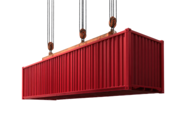 Red shipping container suspended by crane (1)