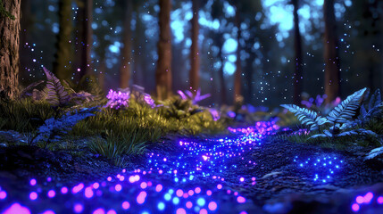 Enchanting bioluminescent forest scene with glowing plants and vibrant colors, creating magical atmosphere