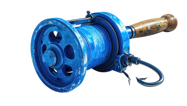 Detailed 3D rendering of a vintage blue fishing reel