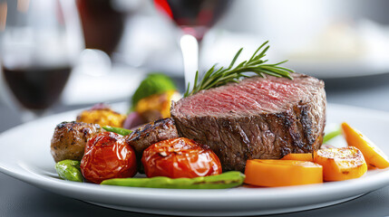 Delicious steak with roasted vegetables, garnished with rosemary, served on white plate, perfect for fine dining experience