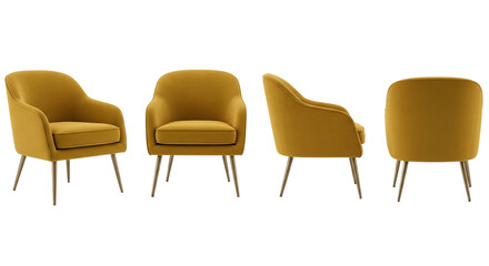 Obraz premium Mustard yellow armchair with four angles. Rounded lines, brass legs, and a graphic presentation of modern comfort.