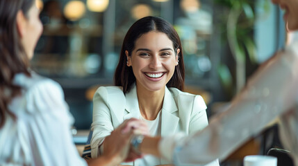 Female seals successful business interaction with handshake with colleague. Smiling Brazilian female professional seals successful business interaction with confident handshake during formal meeting w