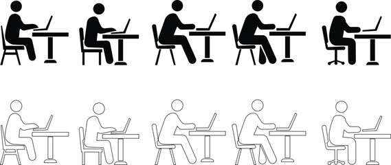 Man Using Laptop Icon set , Businessman using computer Office Work, Remote Job, Freelancer, Student, Online Learning, Technology, Business, Communication, and Digital Symbols in Modern Vector Style,