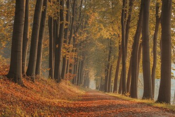 Fototapeta premium Vibrant autumn avenue bathed in golden light, inviting exploration through a magical forest path.