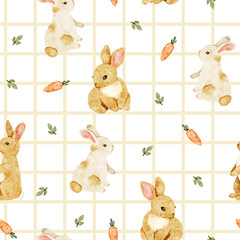 Obraz premium Watercolor seamless pattern with rabbits, carrots and leaves on plaid background. Cute bunny. For textile, fabric, wrapping, packaging, scrapbooking, wallpaper, kids and cozy rustic countryside decor