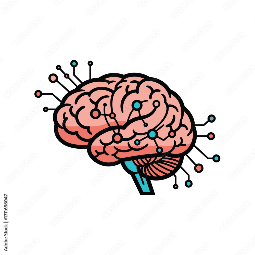 Poster conceptual illustration of a human brain merging with a digital circuit board representing artificia