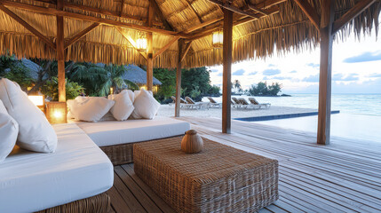 Luxurious tropical beach resort with comfortable seating, wooden deck, and stunning ocean view at sunset. Relaxing atmosphere