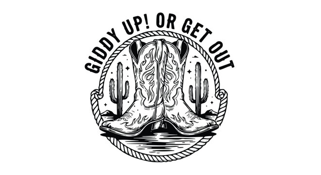 Black and white graphic design of cowboy boots with desert landscape, motivational slogan.