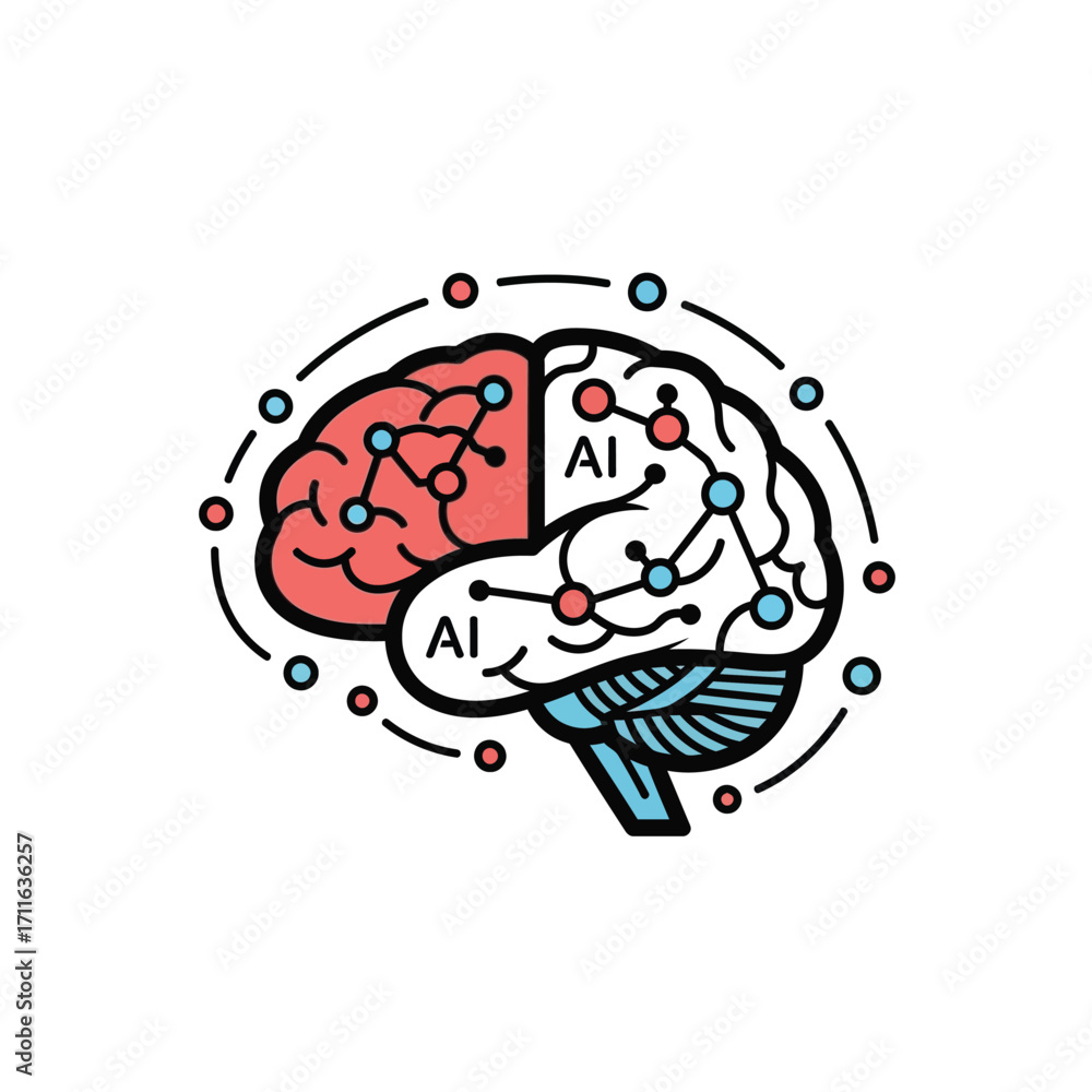 Poster conceptual illustration of a human brain merging with a digital circuit board representing artificia