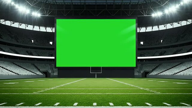 Empty American football stadium with large green screen scoreboard on a vast field, ready for custom content display