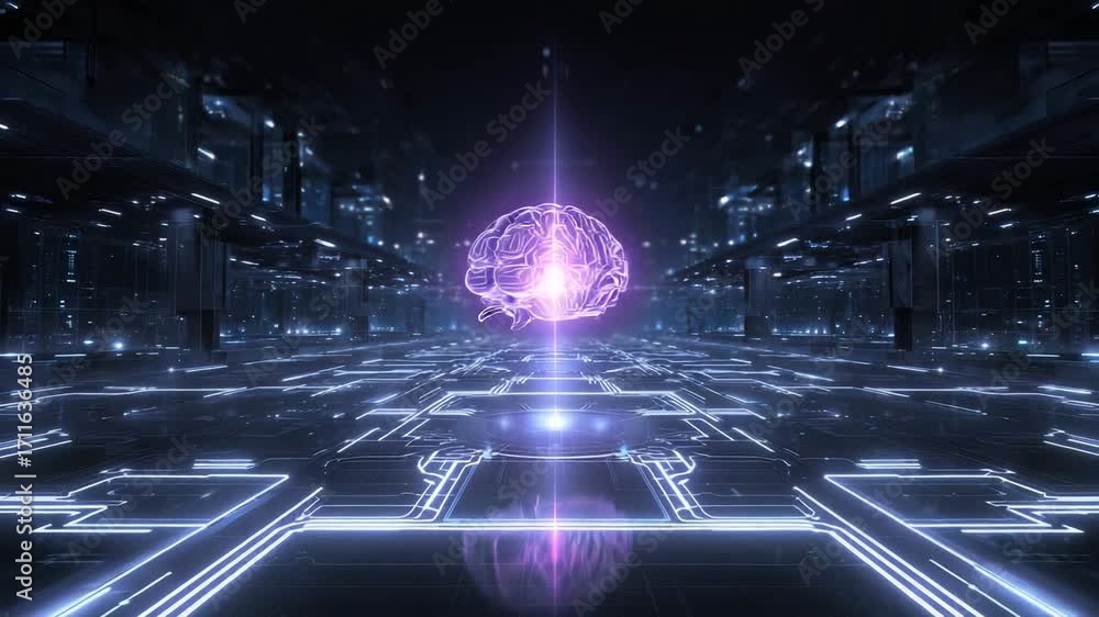 Poster futuristic representation of a glowing brain in a digital landscape, symbolizing advanced ai and neu