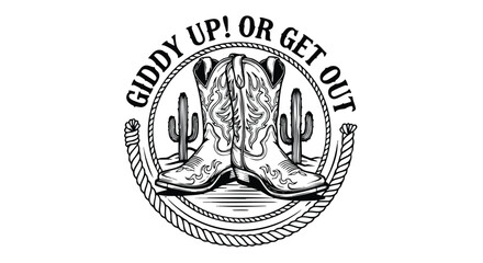 Cowboy boots and cactus graphic with Giddy Up or Get Out text for western designs © Elsa