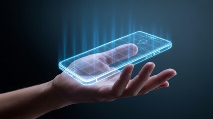 Futuristic holographic smartphone interface appears magically in an outstretched hand, glowing with digital innovation