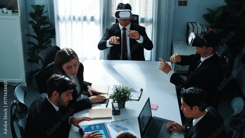 Poster top view of manager working on laptop and sending data analysis to business people by using vr glass
