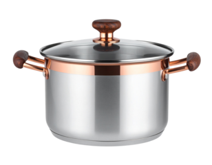 High-quality stainless steel cooking pot with copper accents and a wooden handle, perfect for a stylish kitchen and effortless cooking. 
