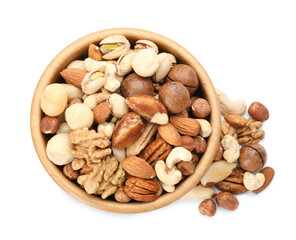 Mix of different nuts in bowl isolated on white, top view