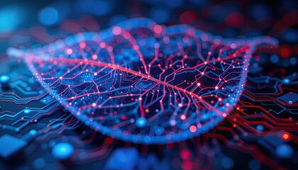 Advanced technology merges nature and digital innovation, creating a stunning leaf circuit board for sustainable solutions and futuristic designs with vibrant color