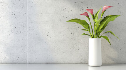 Modern interior featuring white vase with vibrant pink calla lilies against textured concrete wall, creating serene atmosphere