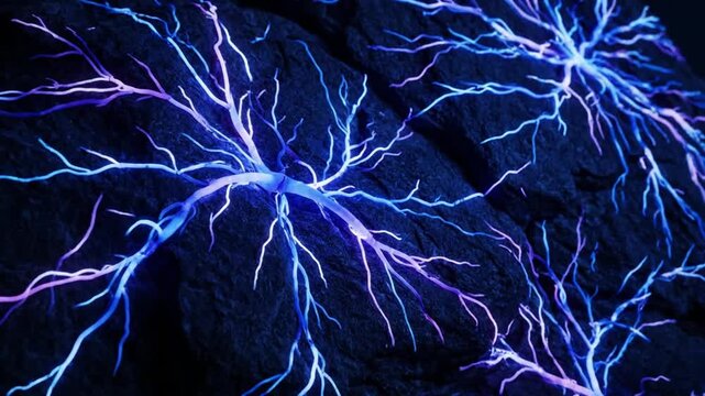 Glowing Electric Blue and Purple Veins on Dark Textured Surface Pulsating Futuristic Energy Network Abstract Organic Light Background Visual Loop