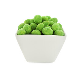 Wasabi coated peanuts in bowl isolated on white