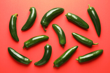 Green jalapeno peppers on red background, flat lay