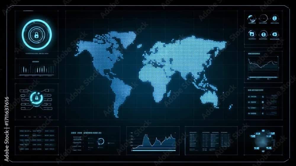 Poster a detailed digital map visualization with analytics, showcasing global data and interactive graphs o