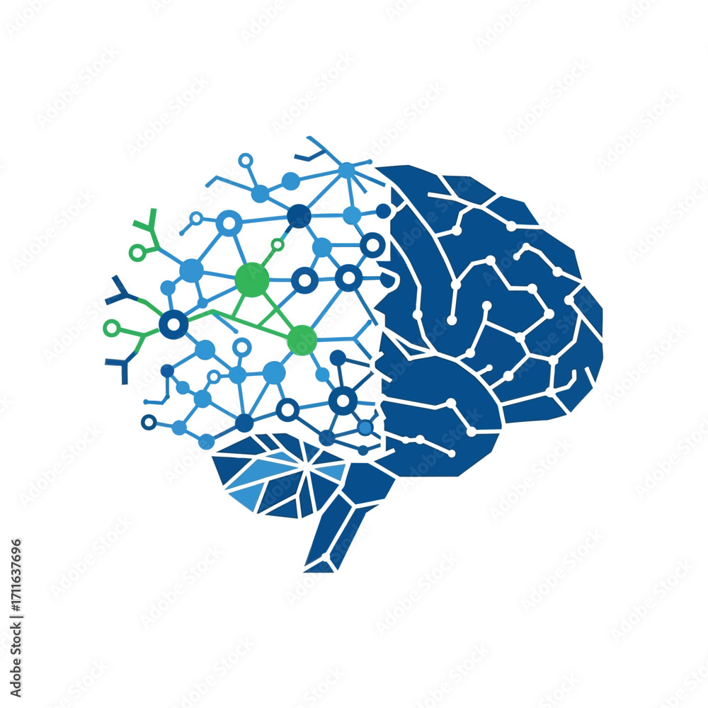 Poster conceptual illustration of a human brain merging with a digital circuit board representing artificia