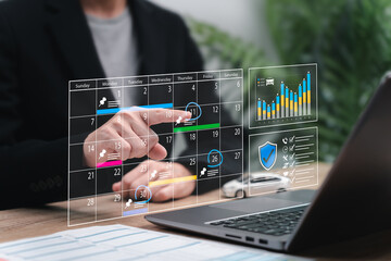 Insurance Customer Service Management Concept, Businesswoman Using Calendar for Client Appointment,Efficient Customer Care, Policy Management,Schedule Planning,Digital Insurance System, Online Service