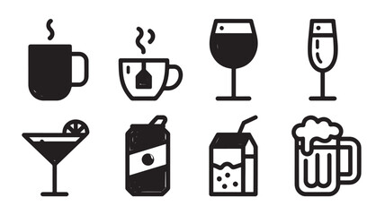Collection of eight beverage icons including coffee tea wine champagne cocktail soda juice box and beer representing refreshment and social gatherings