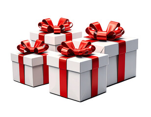 Obraz premium 3d render of festive gift boxes with red ribbons isolated on transparent background 