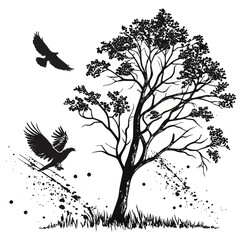 Silhouetted tree and majestic eagles soaring in a textured natural landscape