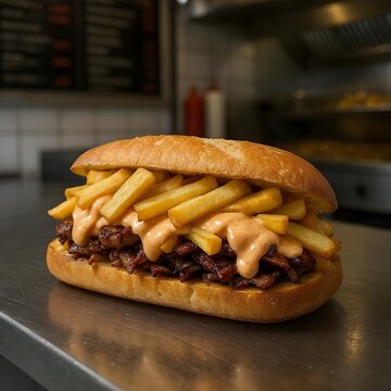 Mouthwatering "Mitraillette, " a Classic Belgian Sandwich with Fries and Meat