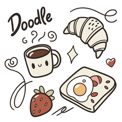 Cute kawaii doodle style breakfast elements including coffee cup croissant toast strawberry and heart