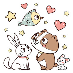 Adorable cartoon animals including a rabbit badger and bird surrounded by stars and hearts