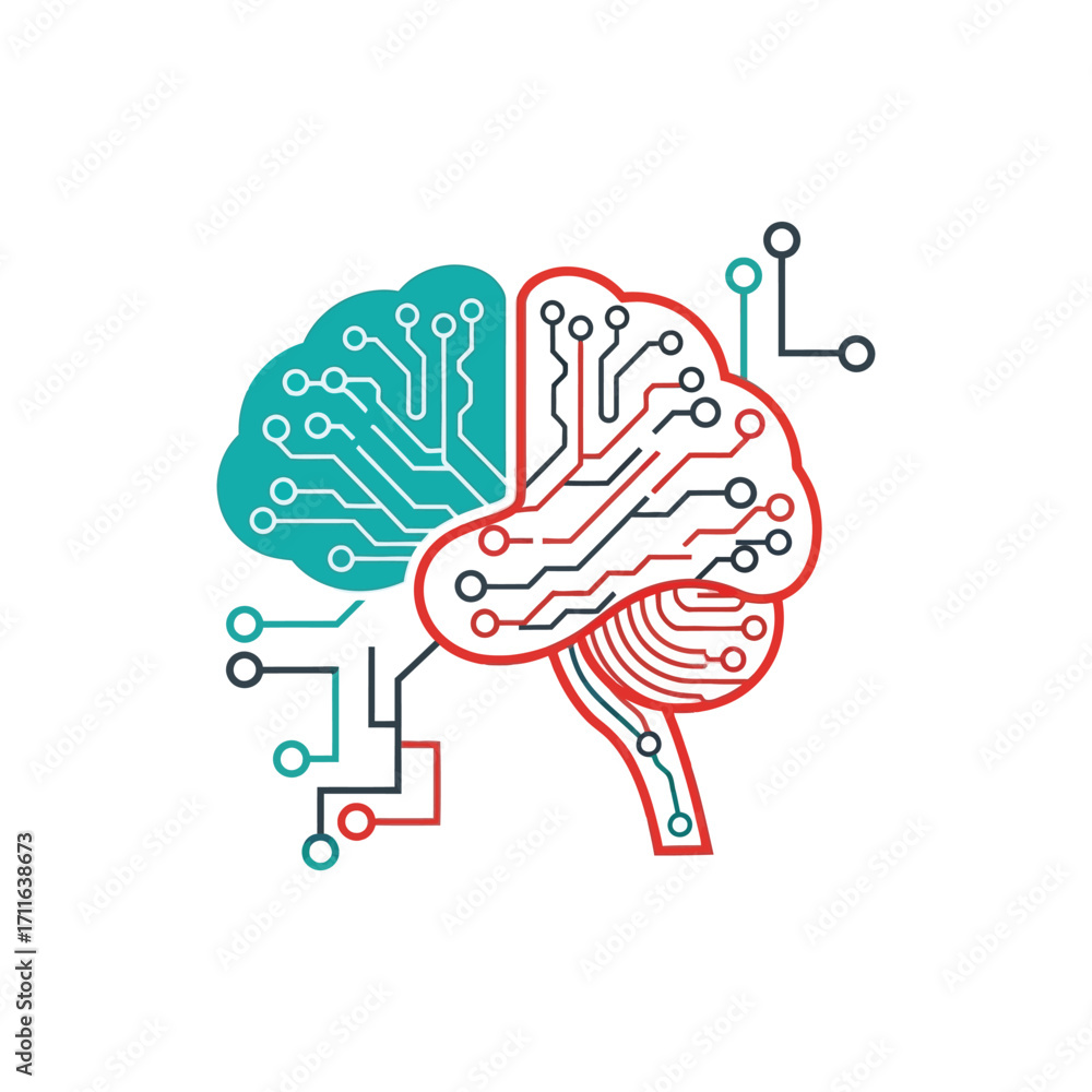 Poster conceptual illustration of a human brain merging with a digital circuit board representing artificia