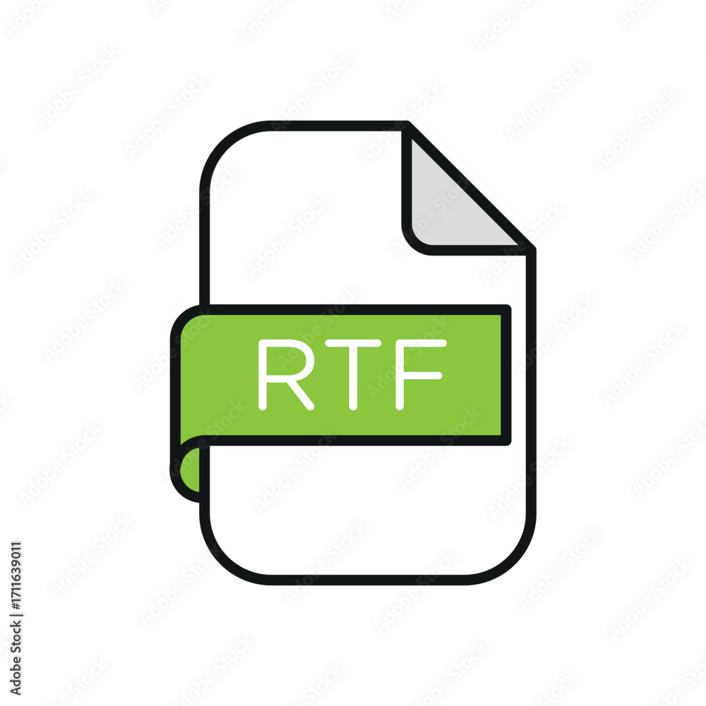 Poster illustration of a document file icon with rtf text on a green label and curled corner design element