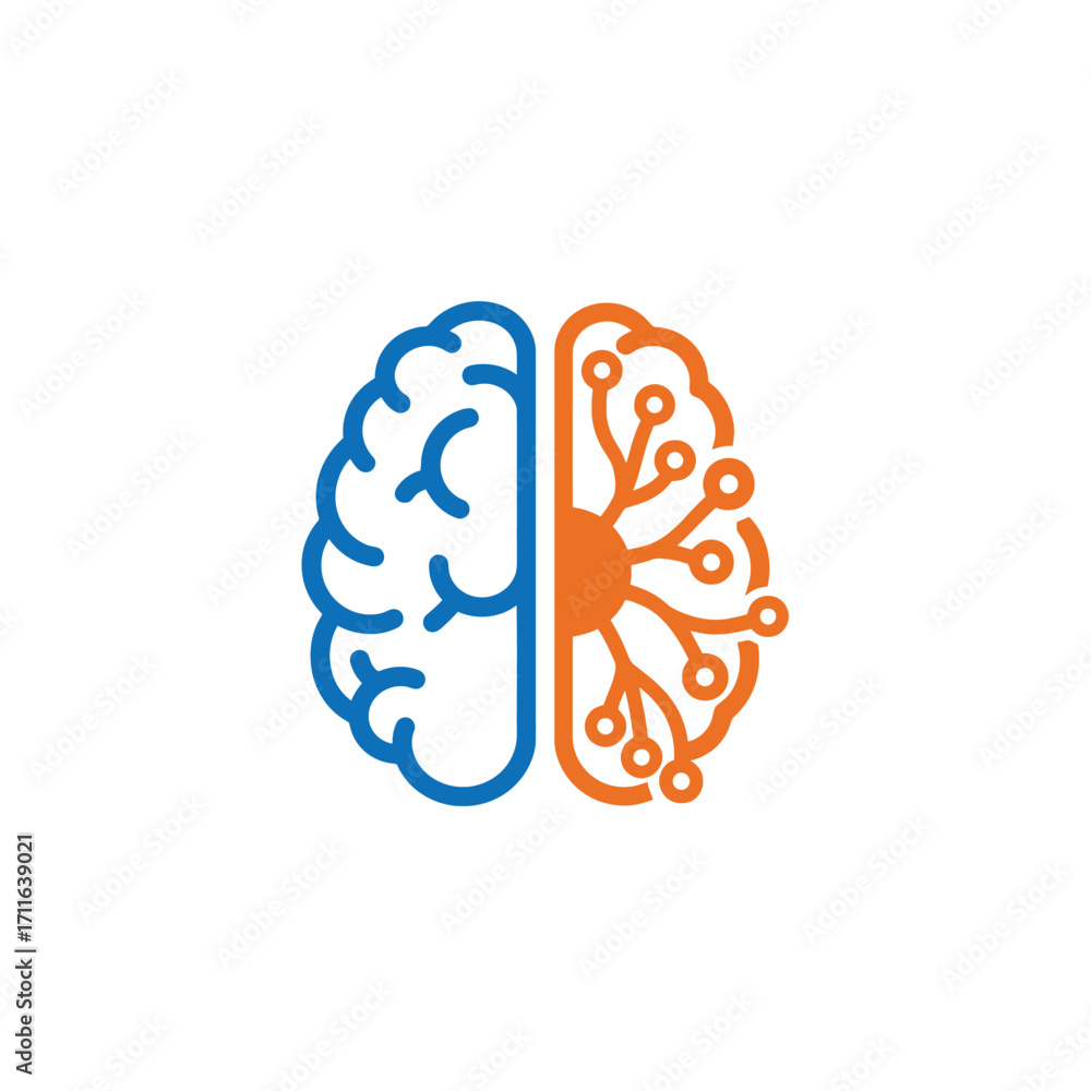 Poster conceptual illustration of a human brain merging with a digital circuit board representing artificia