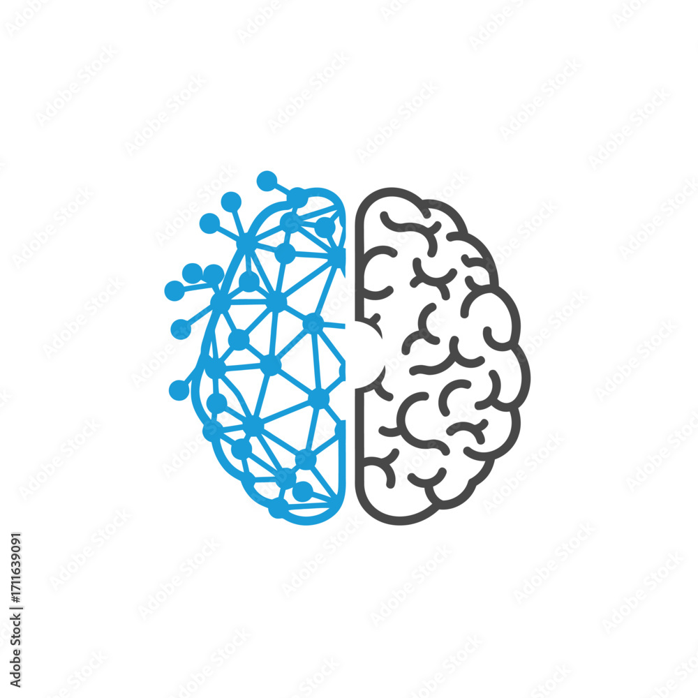 Poster conceptual illustration of a human brain merging with a digital circuit board representing artificia