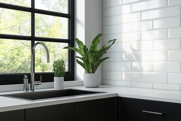 White modern kitchen with sink window green plant bright interior