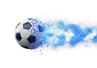 Fototapeta premium Exploding soccer ball with blue smoke trail isolated on transparent background