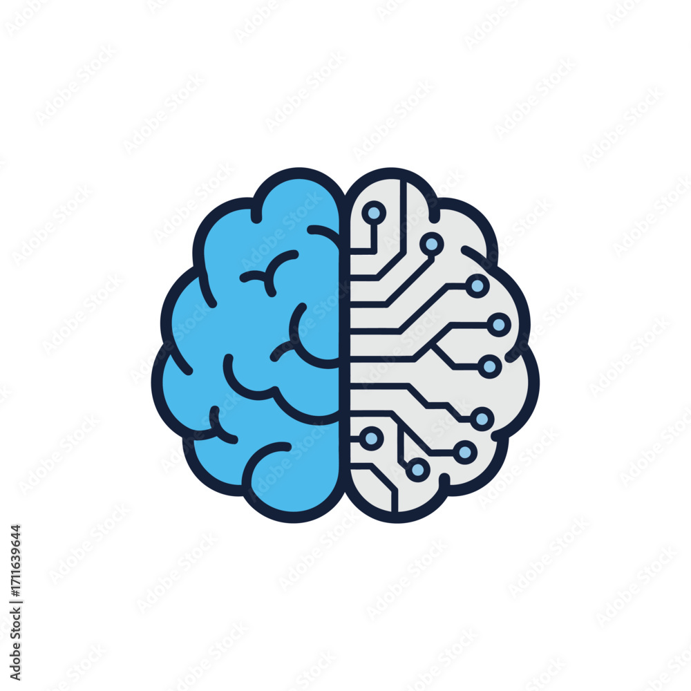 Poster conceptual illustration of a human brain merging with a digital circuit board representing artificia