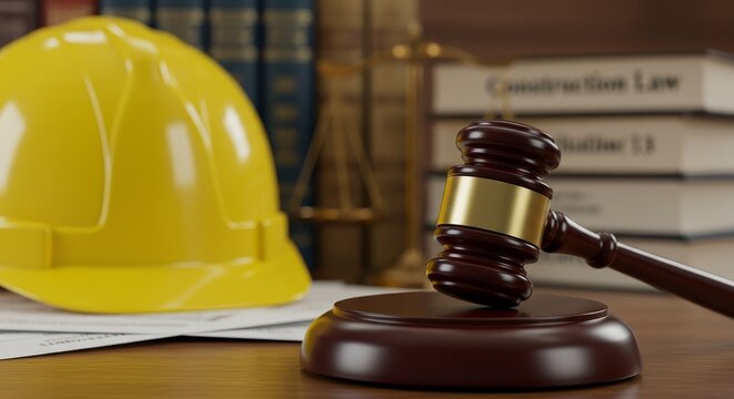 Construction law concept with gavel and yellow helmet symbolizing justice