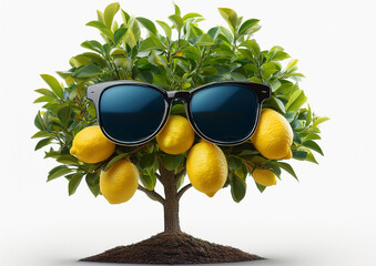 Pianta di limoni con occhiali da sole su sfondo bianco