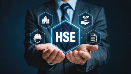Professional businessman presents HSE concepts, ensuring safety, health, environment, and compliance for business growth.