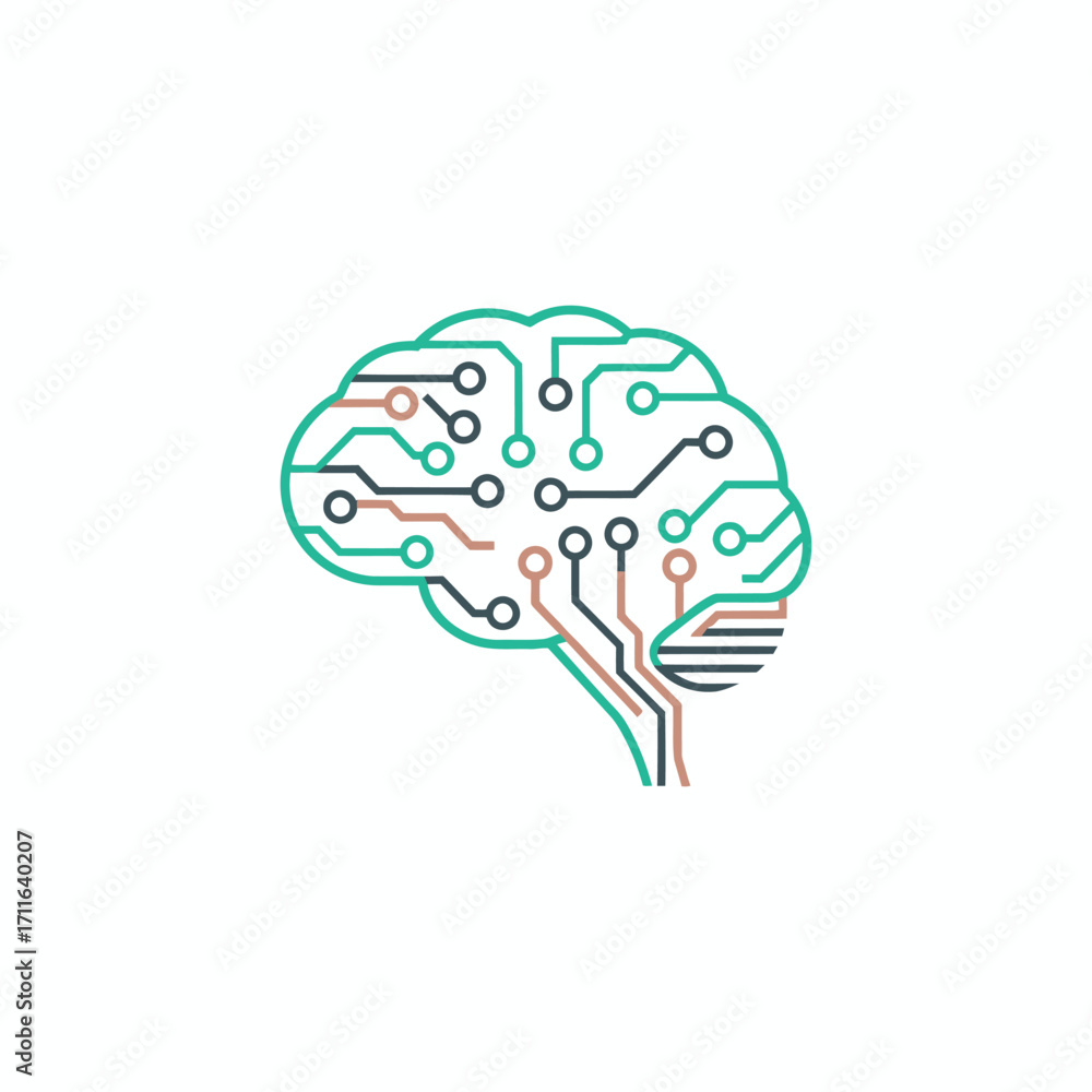 Poster conceptual illustration of a human brain merging with a digital circuit board representing artificia