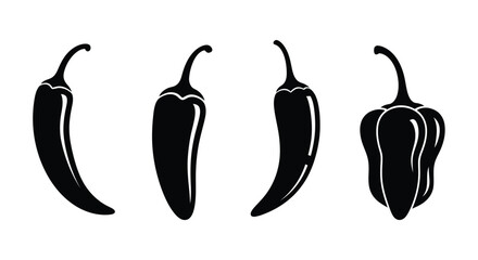 Set of four black silhouette chili peppers showing variety of shapes and sizes vector